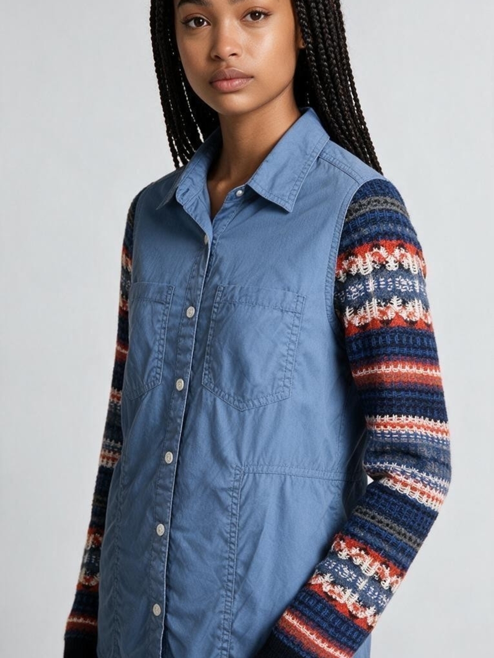 We The Free Blue Button-Front Jacket with Multicolor Knit Sleeves